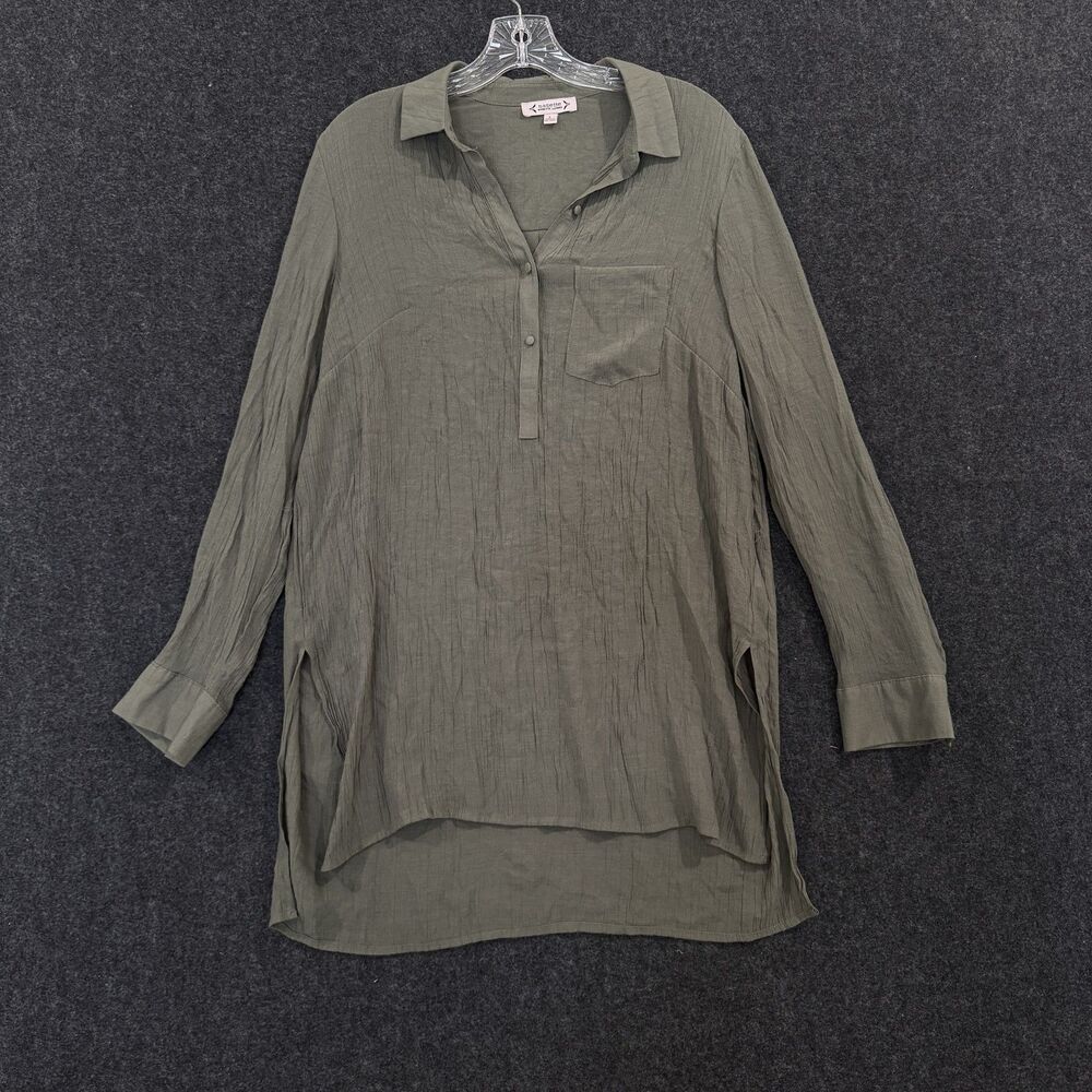 Nanette Lepore Tunic Shirt Women's Large Olive Green Long Sleeve Textured Split